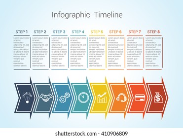 Template Timeline Infographic colored horizontal arrows numbered for eight position can be used for workflow, banner, diagram, web design, area chart