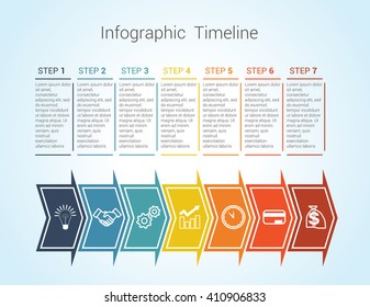 Template Timeline Infographic colored horizontal arrows numbered for seven position can be used for workflow, banner, diagram, web design, area chart