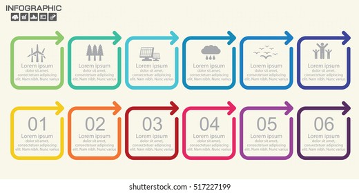 Plantilla Línea de tiempo Las flechas horizontales de color infográfico numeradas para seis posiciones se pueden utilizar para flujo de trabajo, banner, diagrama, diseño web, gráfico de área
