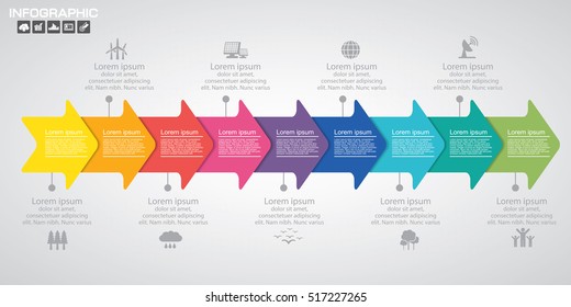 Template Timeline Infographic colored horizontal arrows numbered for nine position can be used for workflow, banner, diagram, web design, area chart