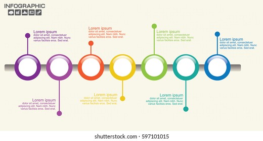 Template Timeline Infographic colored horizontal numbered for seven position can be used for workflow, banner, diagram, web design, area chart