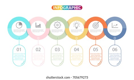 Template Timeline Infographic colored horizontal numbered for six position can be used for workflow, banner, diagram, web design, area chart