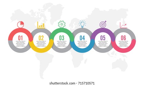 Template Timeline Infographic colored horizontal numbered for six position can be used for workflow, banner, diagram, web design, area chart