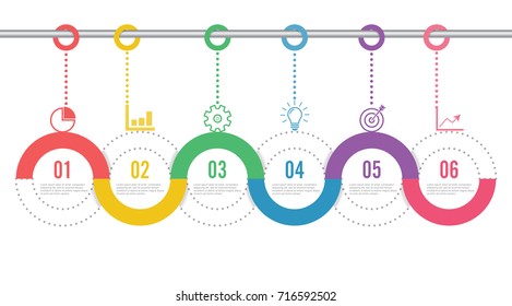 Template Timeline Infographic colored horizontal numbered for six position can be used for workflow, banner, diagram, web design, area chart