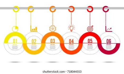 Template Timeline Infographic colored horizontal numbered for six position can be used for workflow, banner, diagram, web design, area chart