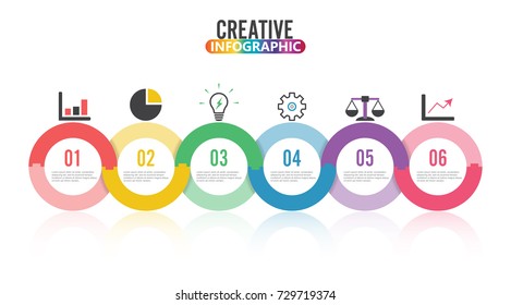 Template Timeline Infographic colored horizontal numbered for six position can be used for workflow, banner, diagram, web design, area chart