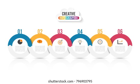 Template Timeline Infographic colored horizontal numbered for six position can be used for workflow, banner, diagram, web design, area chart