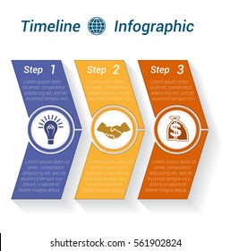 Template Timeline Infographic from colour arrows numbered for 3 position can be used for workflow, banner, diagram, web design, area chart