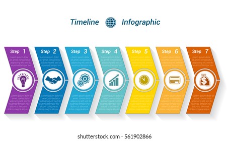  Template Timeline Infographic from colour arrows numbered for 7 position can be used for workflow, banner, diagram, web design, area chart