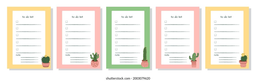 Template for to-do list, schedule, organizer with place for Notes. Set of agenda blank lists for daily planning with cactus illustrations. Vector illustration in doodle style