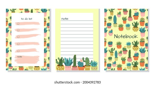 Template for to-do list, schedule, organizer or notebook with cover. Set of agenda blank lists for daily planning with colorful cactus illustrations. Vector illustration in doodle style.