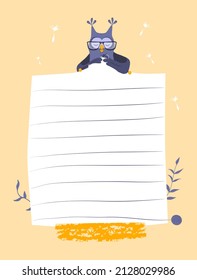 Template for to-do list, schedule or organizer. Owl with glasses knits a paper scarf on knitting needles. Vector illustration.