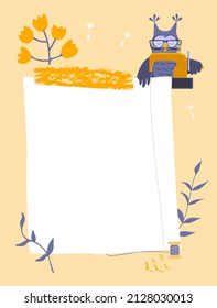 Template for to-do list, schedule or organizer. Owl with glasses sews sheet of paper on a sewing machine. Vector illustration.