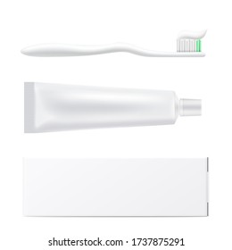 Template for toothpaste branding design with blank white tube, toothbrush and carton package, realistic vector illustration isolated on white background.