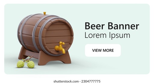 Vorlage für den oberen Teil der Webseite. Horizontale Werbung für Fassbier. Farbige 3D-Elemente. Holzfass mit Wasserhahn zum Biergießen, grüne Hopfenzapfen. Banner mit Text und Schaltfläche