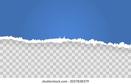 Template with torn paper. Horizontal icon with half of blue sheet and shadow. Realistic design element for overlay, poster and postcard. 3D vector illustration isolated on transparent background