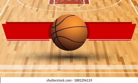 template for tournament with basketball ball on background of sports field with ribbons for announcement of names of teams. Vector