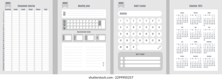 Plantilla para el seguimiento de las calorías consumidas, la construcción de nuevos hábitos, la planificación mensual y el calendario para 2024