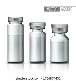 Template of transparent glass medical vial with aluminium cap. Set of ampoules with vaccine or drug for medical treatment. Realistic 3d mockups of bottles with medicament for injection.
