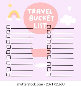 Template of travel bucket list. Hand drawn illustration on pink background.