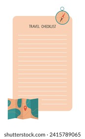 Template for travel checklist. Travel Checklist or Packing List for Vacation with map and compass. Preparing for vacation, journey or trip. Colored flat Vector illustration isolated. Travel Planner