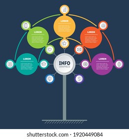 Template of tree, info chart or diagram with 5 process. Infographic of technology or education process with 5 steps. Business presentation concept with five options and 12 icons. Vector.