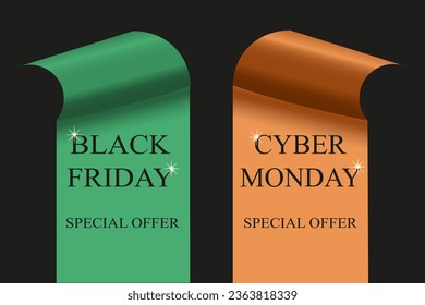 Template for trendy Black Friday and Cyber Monday banner cover with window paper. Horizontal Design of luxury Black friday poster with spotlight. Advertising concept. Vector illustration.