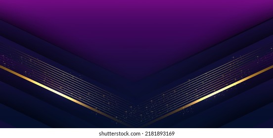 Template triangles purple and dark blue geometric with golden line layer and lighting effect sparkle on dark blue background. Luxury style. Vector illustration