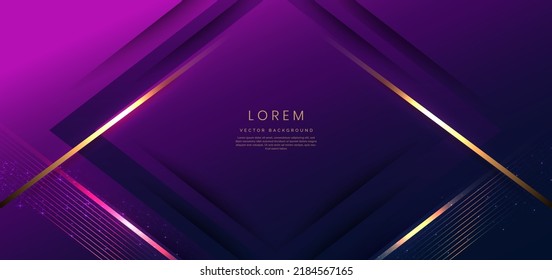 Template triangles purple and dark blue geometric with golden line layer and lighting effect sparkle on dark blue background. Luxury style. Vector illustration