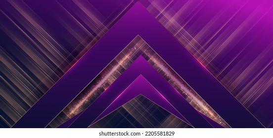 Template triangles purple and dark blue geometric with golden line layer and lighting effect sparkle on dark blue background. Luxury style. Vector illustration