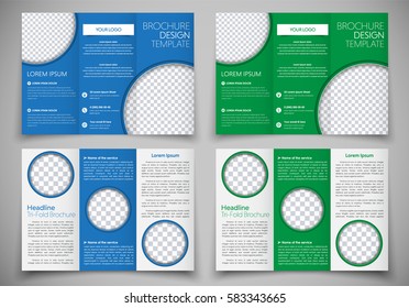 Template triple folding brochure printing and advertising. Design flyers green and blue colors, with round elements for photos. Set