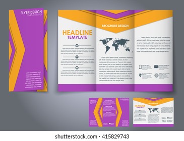 Template triple folding brochures in the style of the material design.  for advertising and printing. red and black sheets, and a map of the world. Vector illustration