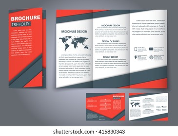 Template triple folding brochures in the style of the material design;  for advertising and printing.  red and black sheets, and a map of the world. Vector illustration