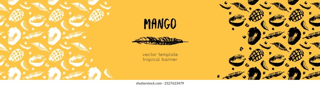 Template tropical banner with vector mango pattern. Tropical fruit drawings. Color sketches of organic mangoes. Banner with tropical fruits. Exotic fruit ornament. Mangos background. Label design.