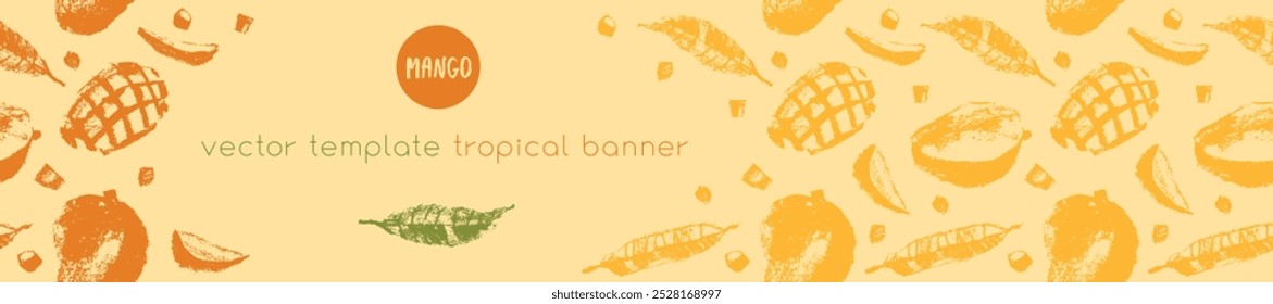 Template tropical banner with vector mango pattern. Tropical fruit drawings. Color sketches of organic mangoes. Banner with tropical fruits. Exotic fruit ornament. Mangos background. Label design.