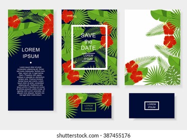 Template with tropical flowers and leaves. Pattern flyer, invitation, flyer, business card.