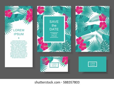 Template with tropical flowers and leaves. Pattern flyer, invitation, flyer, business card.