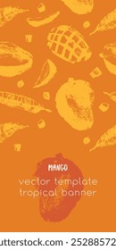 Diseño de Plantilla de frutas tropicales con patrón de mango de Vector. Dibujos de frutas tropicales. Bocetos de color de mangos orgánicos. Ornamento de frutas exóticas. Fondo de Anuncio de Mangos.