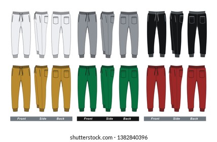 Template trousers pants, front, back and side. Colorful, vector image