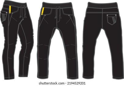 Template trousers pants, front, back and side. Colorful, vector image