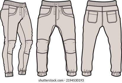 Template trousers pants, front, back and side. Colorful, vector image