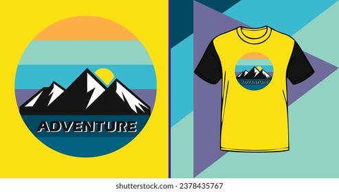 Template for T-Shirt or Badge with Flat Vector Design Adventure Mountain Badge in Round Shape 