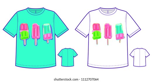 Template t-shirt with bright design, fruits ice cream, hand drawn, summer print. Vector illustration.