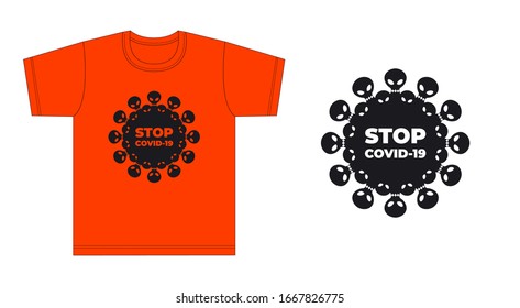 Template T-shirt design with the image of the deadly coronavirus and the inscription "STOP COVID-19"