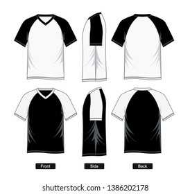 Template t-shirt raglan v-neck  . Front, side and back views. Black and white variants. vector image