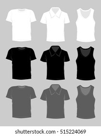 Template t-shirt set. White, grey and black colors. T-shirt, polo and singlet.