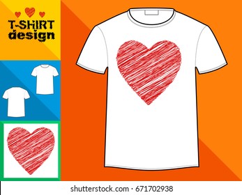 Template T-shirt with an trendy design: Heart hatching with red lines. Vector illustration.