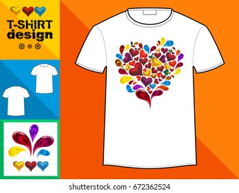 Template T-shirt with an trendy design: Heart made of colorful splash hearts, drops. Vector illustration.