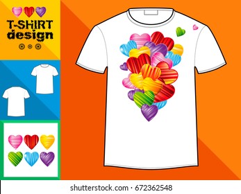 Template T-shirt with an trendy design: Heart made of colorful splash hearts. Vector illustration.