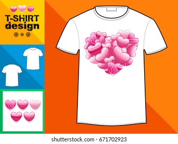 Template T-shirt with an trendy design: Hearts with of pink patterns Vector illustration.